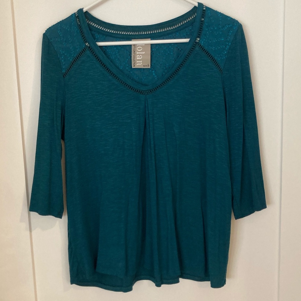 Anthropologie Dolan Teal shirt, unique details, S petite